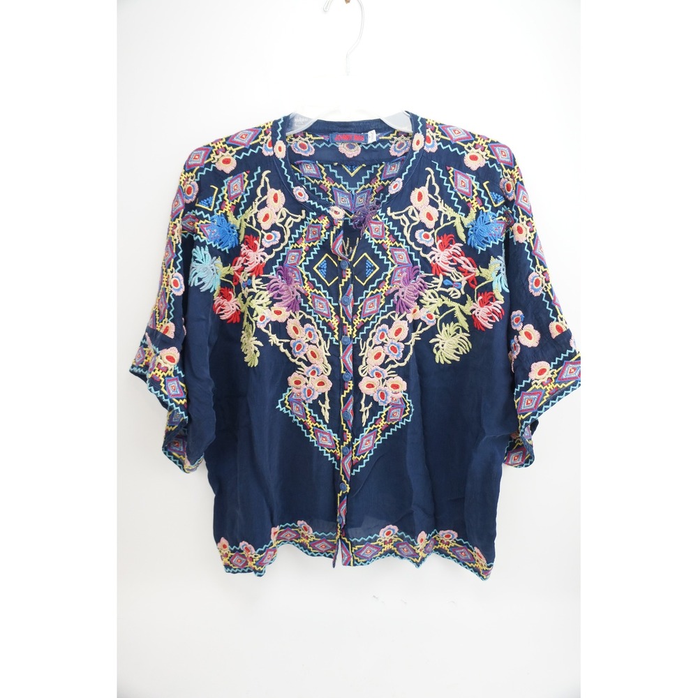 Johnny Was Tuscany Oversize Blouse M Navy Blue Cupra Rayon Button Up Top EUC